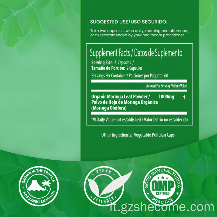 Moringa oleifera Completa capsule di foglie di Moringa senza glutine